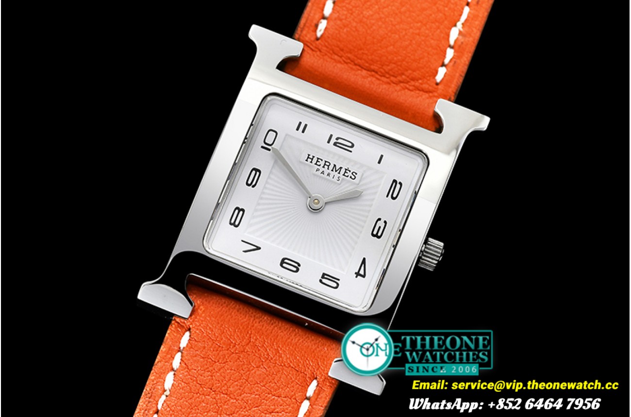 Hermes - Hermes H-OUR Ladies SS/LE Orange White Num MKF Swiss Qtz