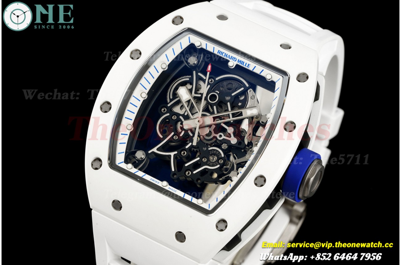 RM055 43mm White Ceramic/RU Skeleton on Blue/White Inner Bezel A9F RMUL2 Free Sprung