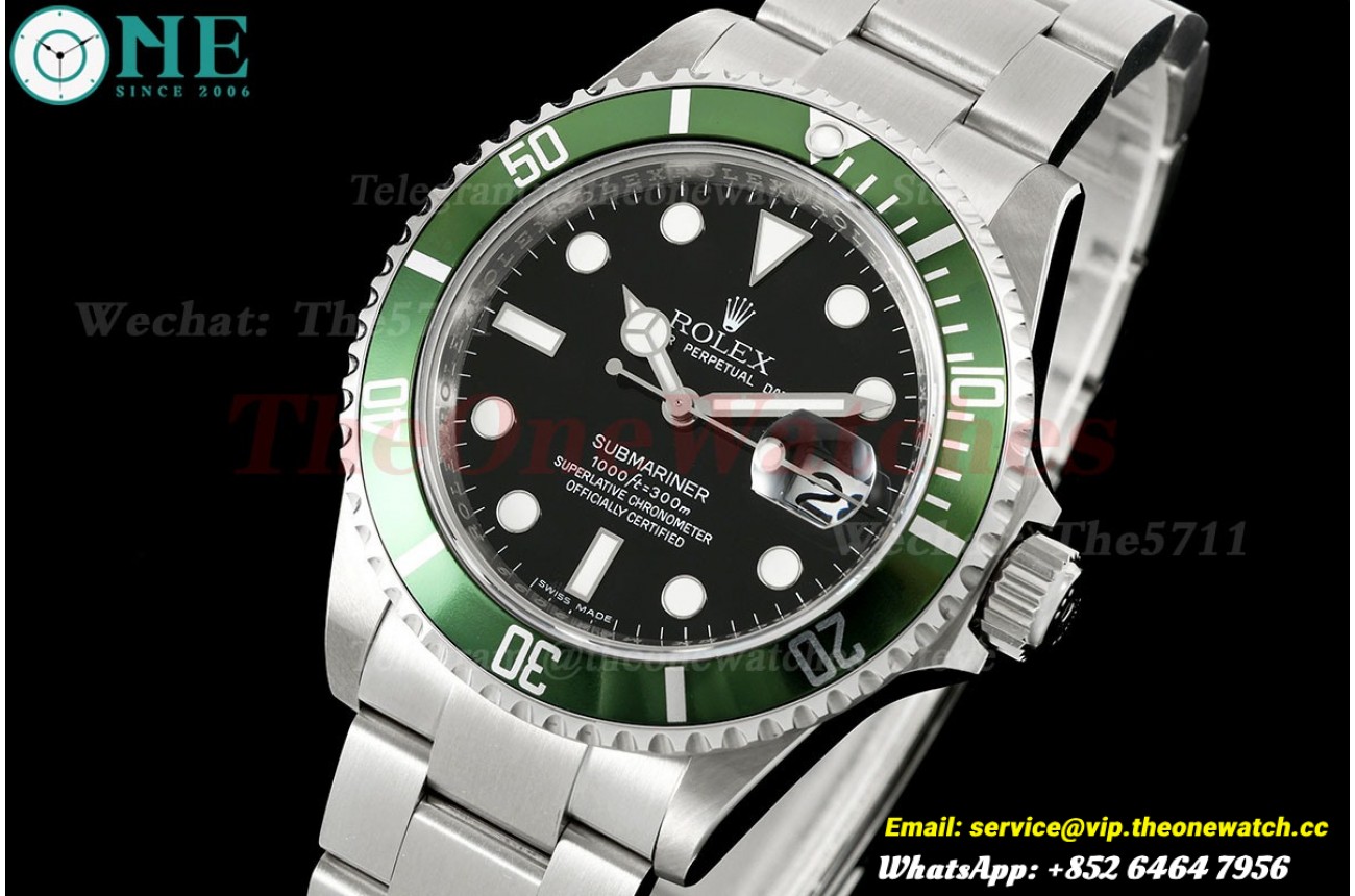 Submariner Vintage 16610LV Kermit 40mm SS/SS Black Dial ARF VR3135(Rehaut Engraving)