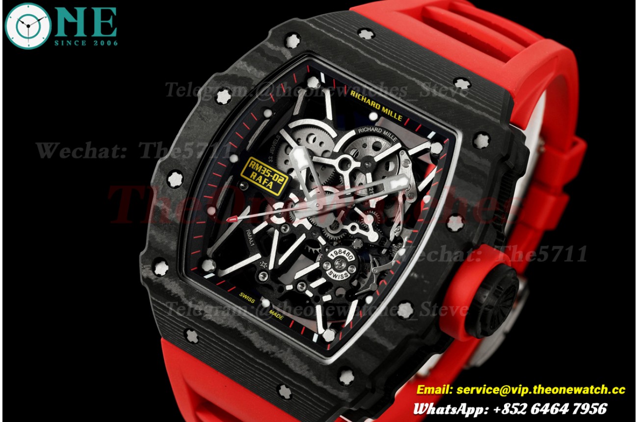 RM35-02 44.5mm Black NTPT/RU Skeleton Dial on Red Strap Mille RMAL1 (Free Sprung)