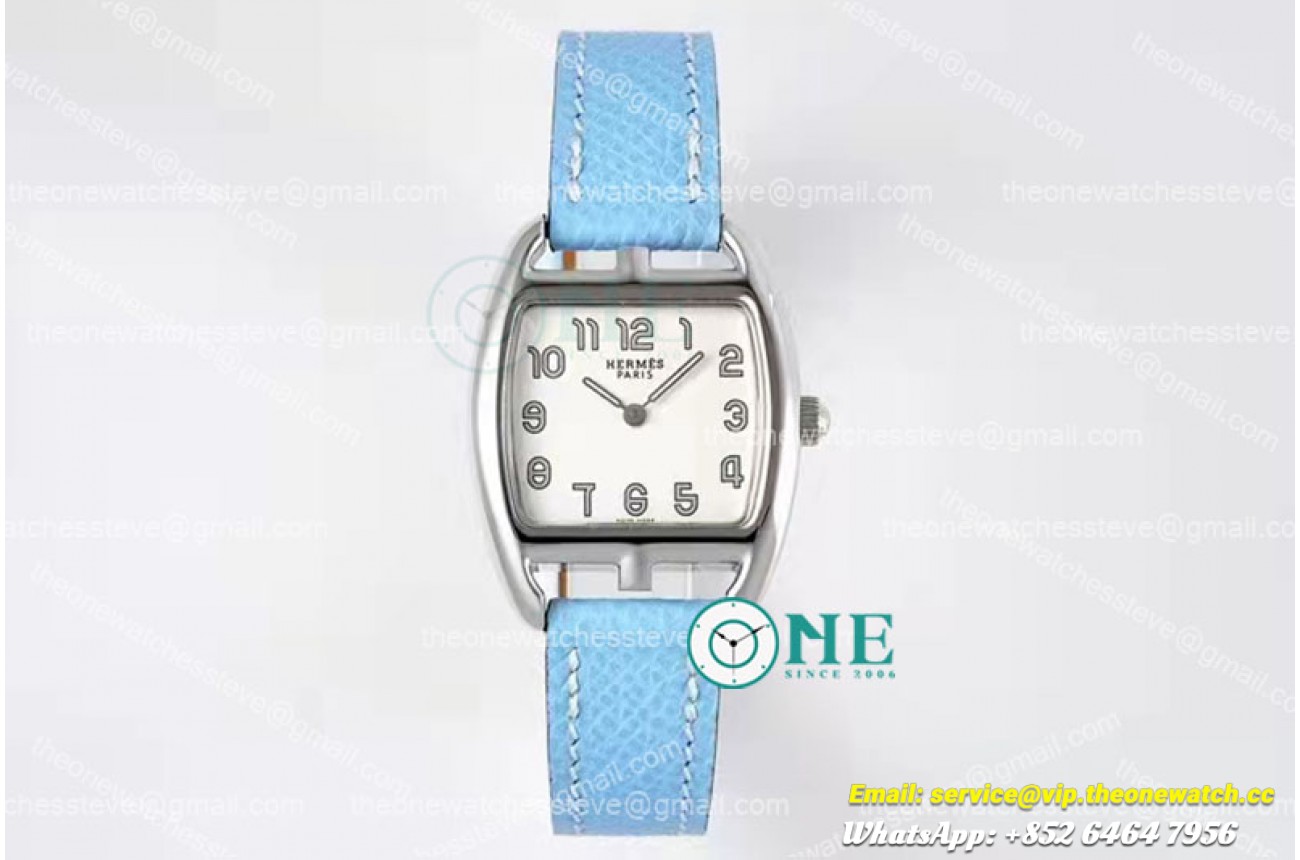 Hermes - Cape Cod tonneau SS/LE White/Num Light blue Swiss Quartz