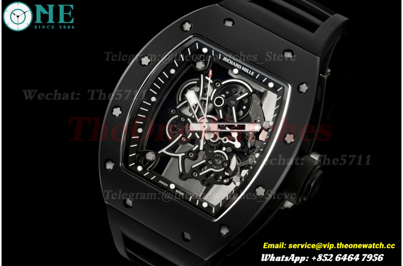 RM055 43mm Black Ceramic/RU Skeleton on Black Inner Bezel A9F RMUL2 Free Sprung