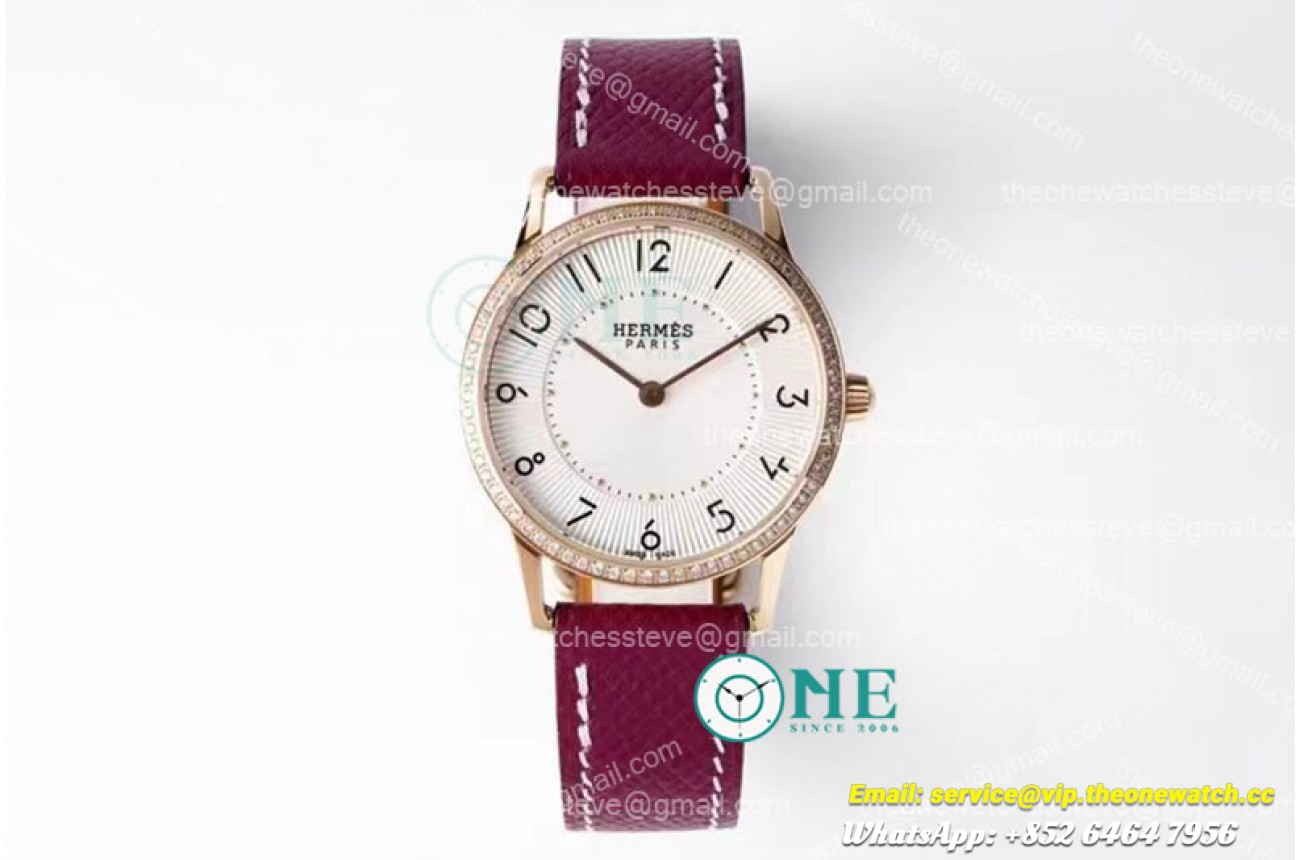 Hermes - Arceau Ladies 32mm RG/LE RD White/Num Diam Swiss Qtz