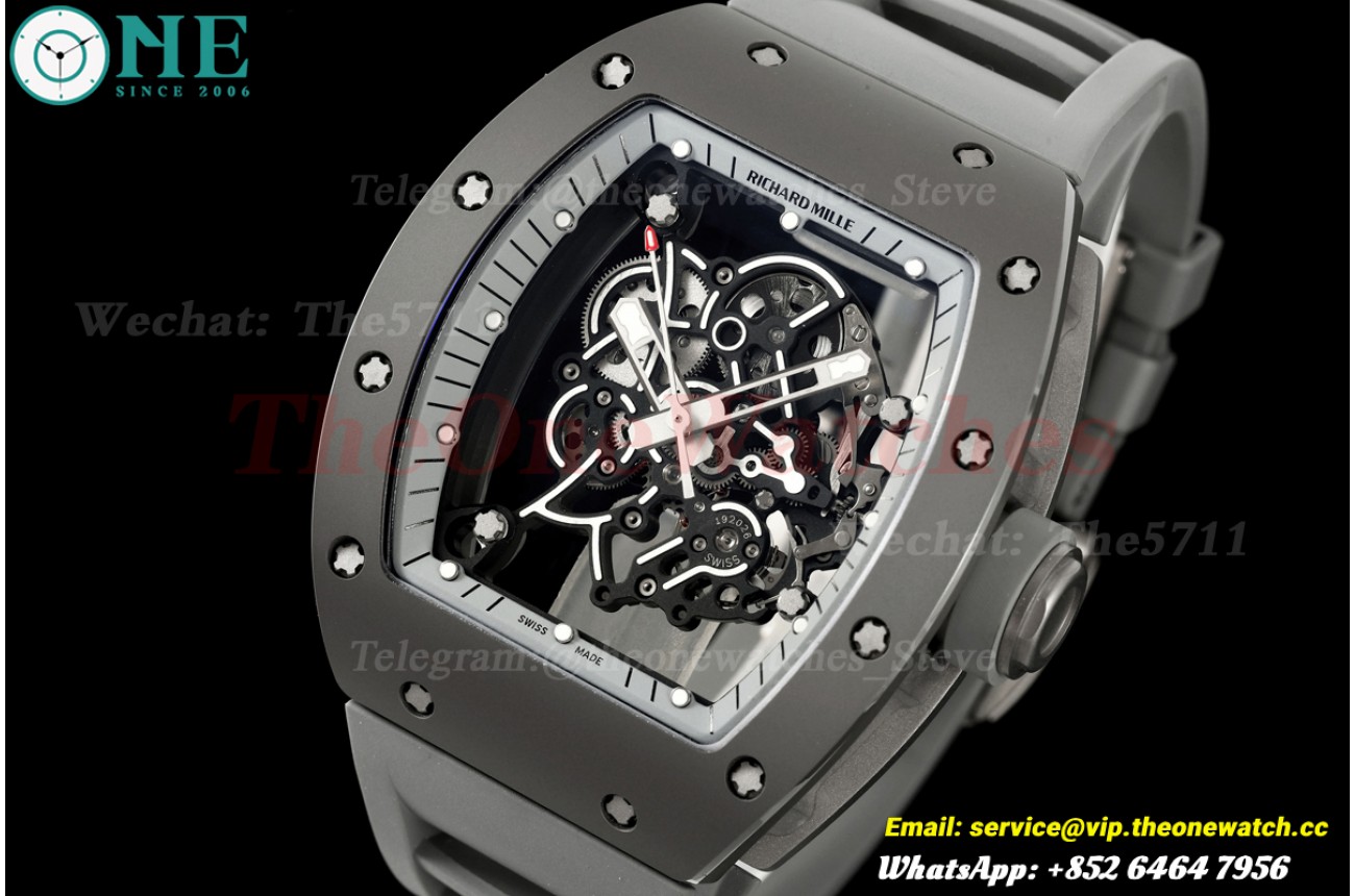 RM055 43mm Grey Ceramic/RU Skeleton Dial on Gray Rubber Strap A9F RMUL2 Free Sprung