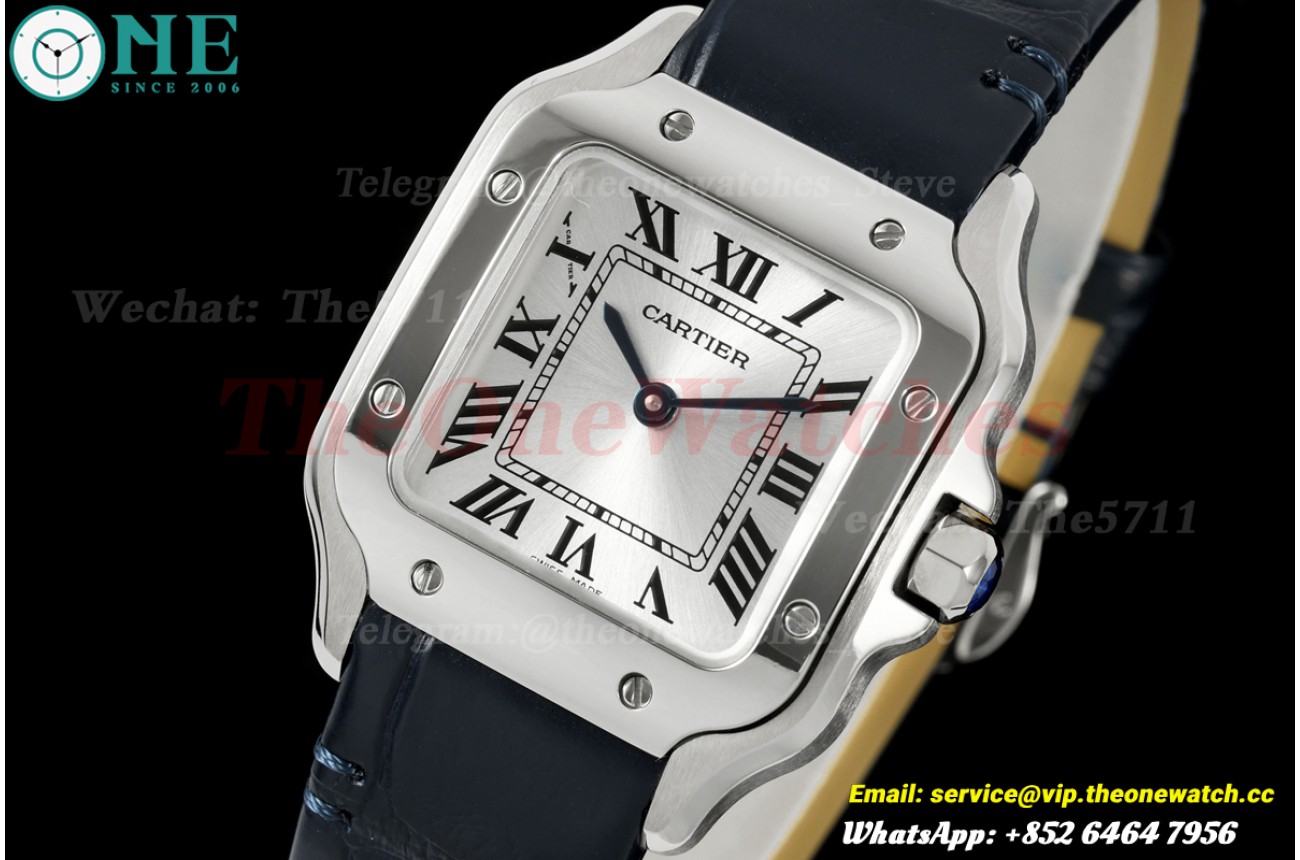 Santos De Cartier 27mm SS/LE Silver Dial Alligator Leather Strap DRF Quartz