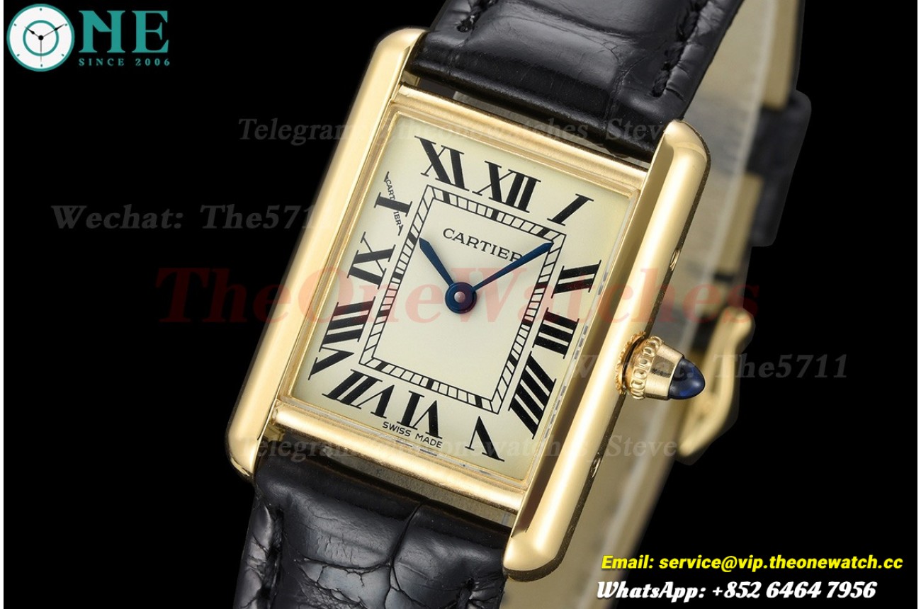 Tank Louis 22mm Black Calfskin Leather YG/LE Silver Dial DRF Quartz
