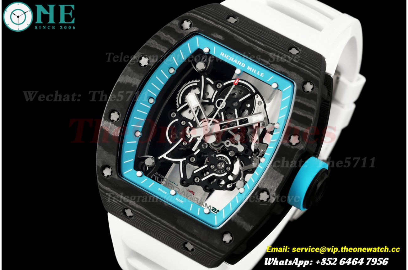 RM055 Black NTPT/RU Blue Skeleton Dial on White Rubber Strap A9F RMUL2 Free Sprung