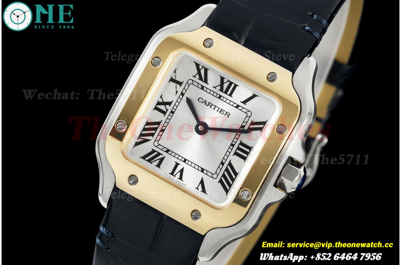 Santos De Cartier 27mm YG Bezel SS/LE Silver Dial Alligator Leather Strap DRF Quartz