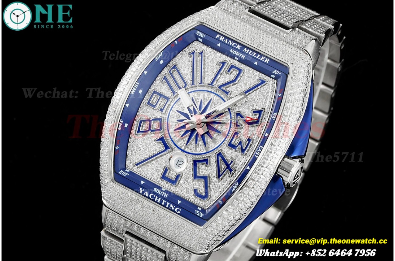 Yachting Mens 44mm Full Diamond SS/SS Blue ABF A2824