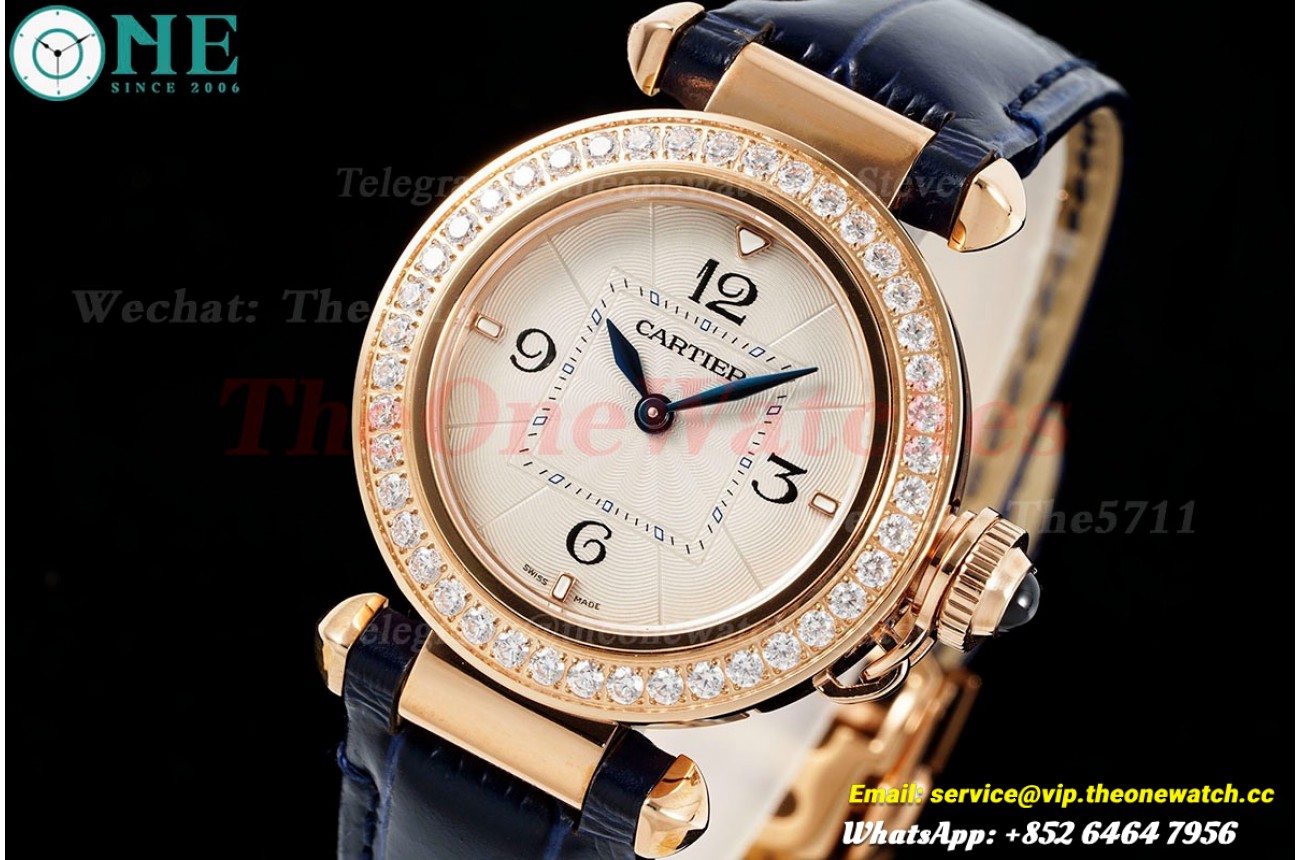 Pasha De Cartier Ladies 30mm Dia Blue RG/LE White Dial AF Quartz