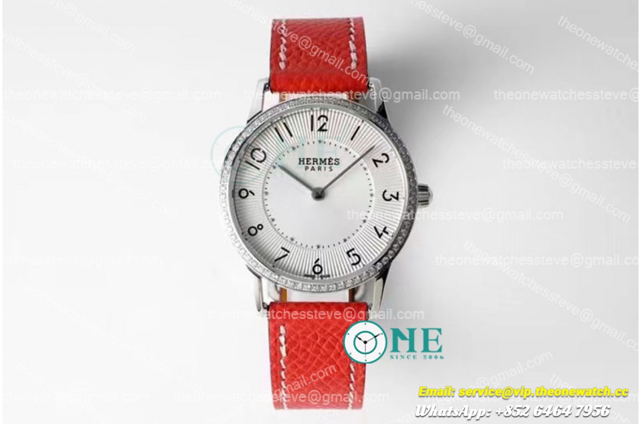 Hermes - Arceau Ladies 32mm SS/LE Orange White/Num Diam Swiss Qtz