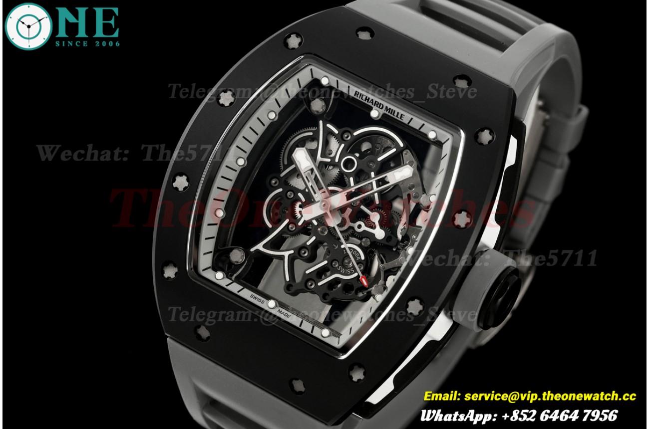 RM055 43mm Black Ceramic/RU Skeleton Dial on Gray Rubber Strap A9F RMUL2 Free Sprung