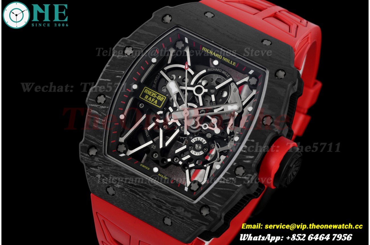 RM035-02 44.5mm Black NTPT/RU Skeleton Dial on Red Strap UMIF RMAL1 (Free Sprung)