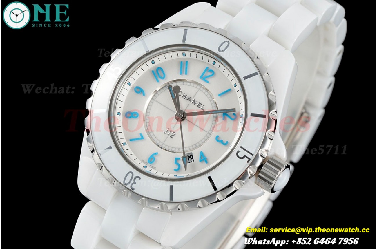 J12 33mm White Ceramic/Cer Blue SS Case Back HTF Quartz