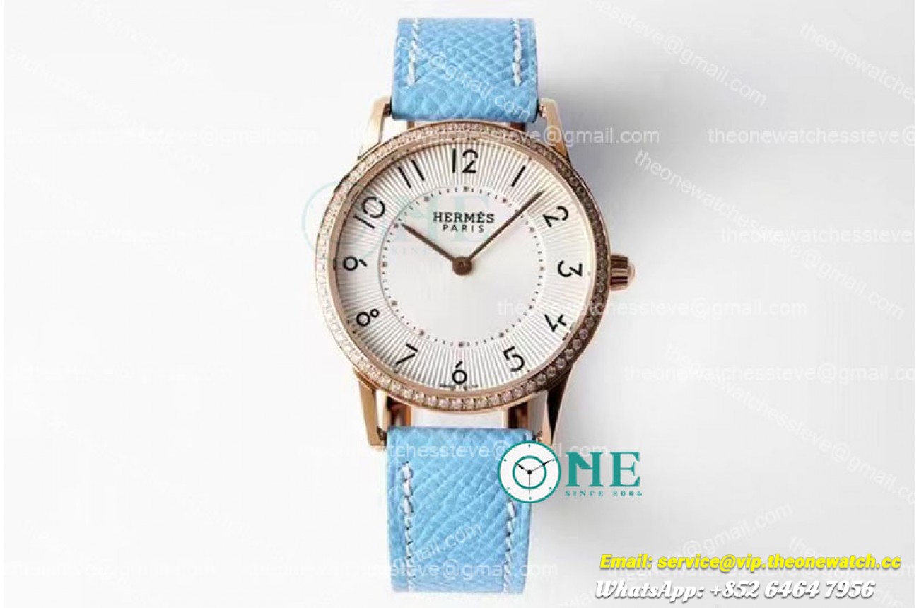 Hermes - Arceau Ladies 32mm RG/LE Blue White/Num Diam Swiss Qtz