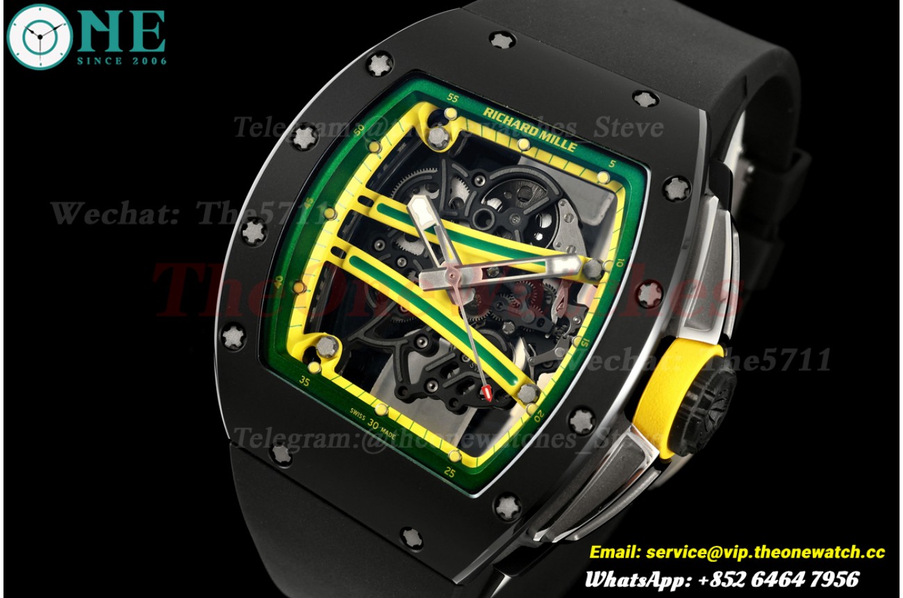 RM61-01 43MM Black Ceramic/RU Skeleton on Green&Yellow Inner Bezel A9F RMUL2 Free Sprung