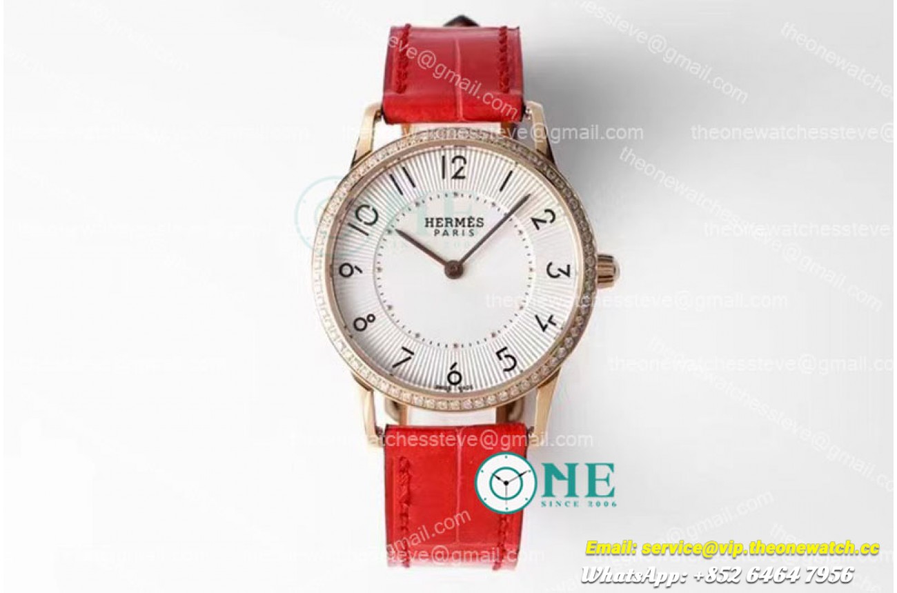 Hermes - Arceau Ladies 32mm RG/LE Orange White/Num Diam Swiss Qtz