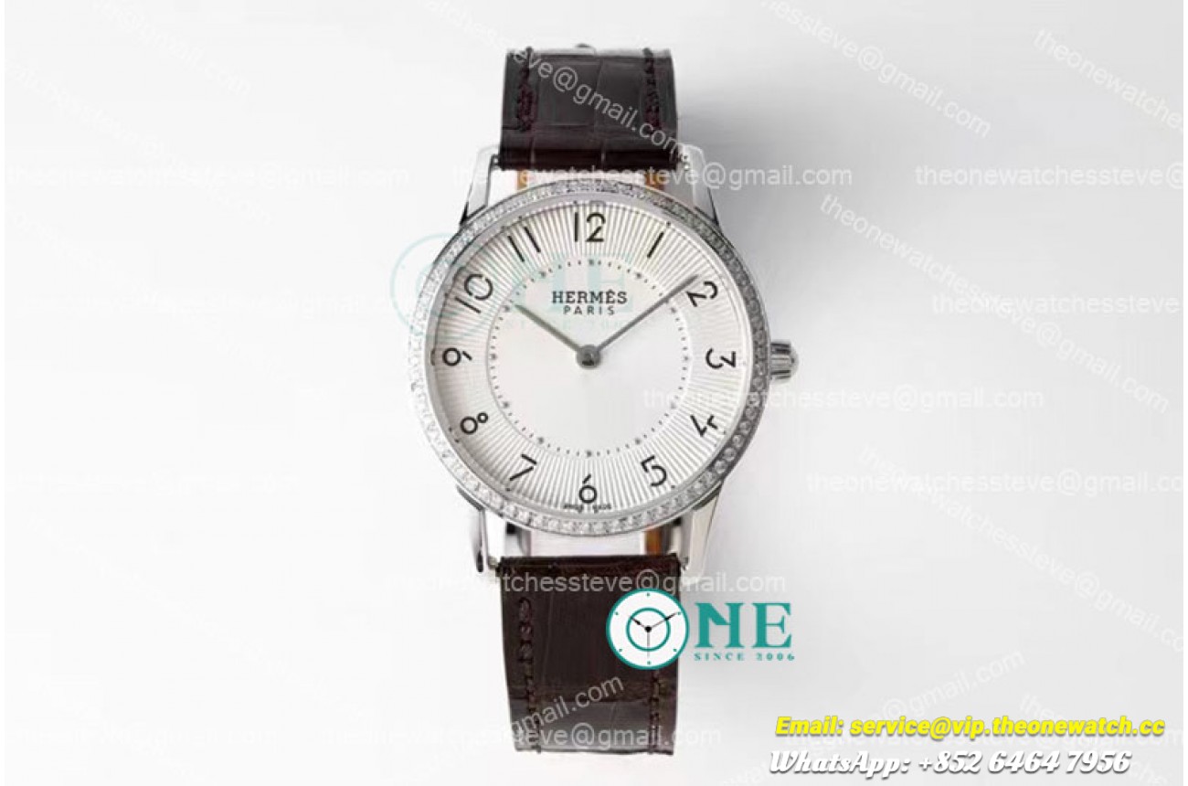 Hermes - Arceau Ladies 32mm SS/LE Brown White/Num Diam Swiss Qtz