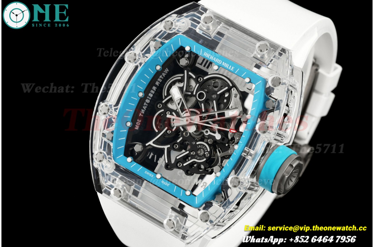 RM055 Transparent /RU Blue Skeleton Dial on White Rubber Strap A9F RMUL2 Free Sprung
