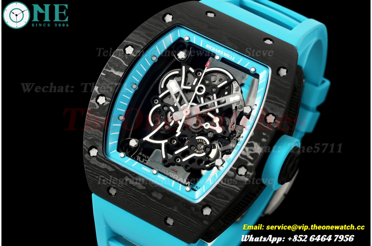 RM055 43mm Black NTPT/RU Skeleton Dial on Blue Rubber Strap Mille Studio RMUL2