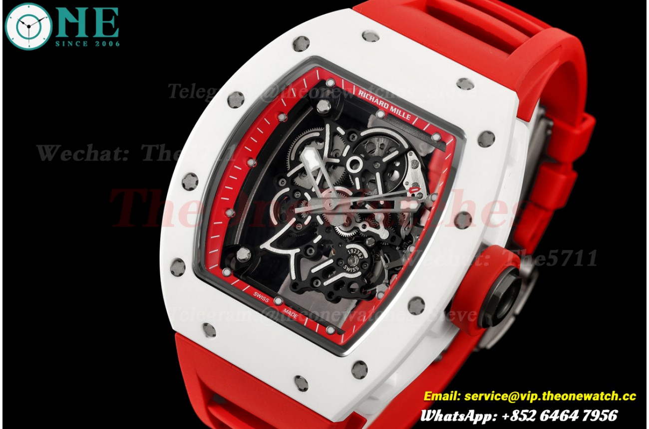 RM055 43mm White Carmen/RU Skeleton Dial on Red Rubber Strap Mille Studio RMAL2