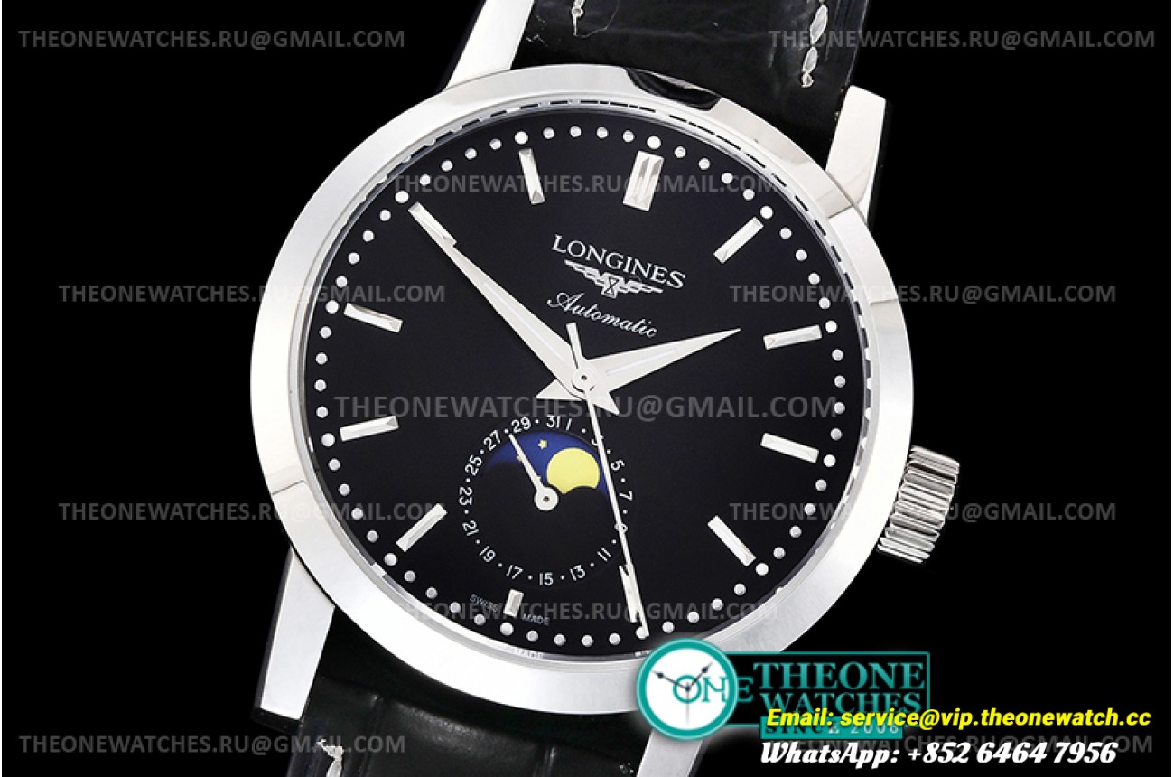 Longines - Longines 1832 Moon Phase Blk SS/LE Black ACF A899